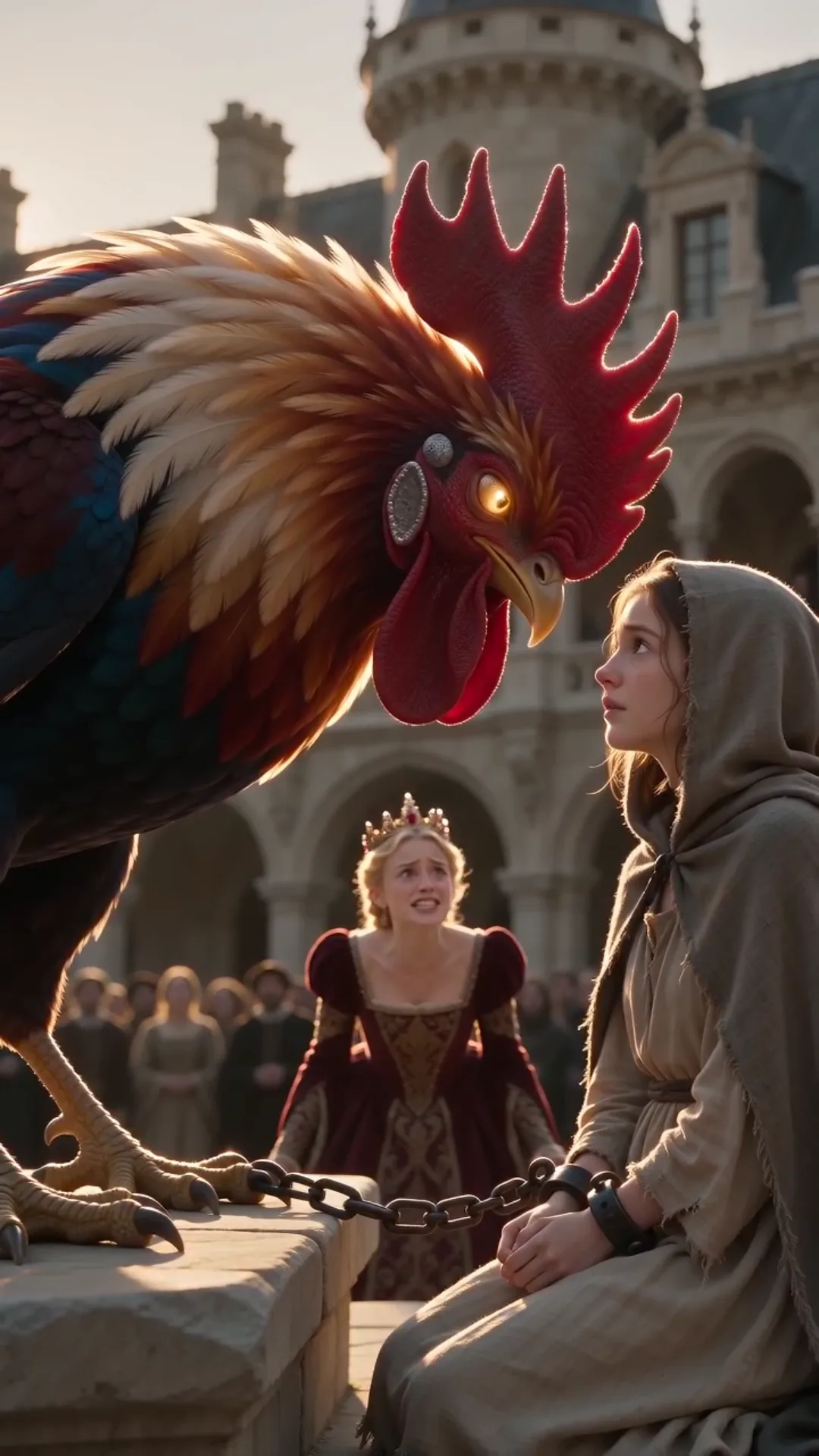 ILS ENCHAÎNÈRENT LA JEUNE FILLE DEVANT TOUTE LA COUR — PUIS LE COQ ROYAL S’INCLINA DEVANT ELLE