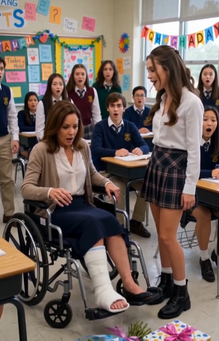 She Dropped Flowers at Her Injured Teacher’s Wheelchair—Then the Principal Revealed Someone Outside the Door Had Been Listening to Every Cruel Word