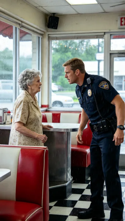 THE POLICE OFFICER LEANED OVER AN ELDERLY WOMAN IN A ROADSIDE DINER, BUT WHEN THE TATTOOED BIKER PUT DOWN HIS SPOON, EVERYONE DISCOVERED THE THREAT WAS ONLY THE BEGINNING