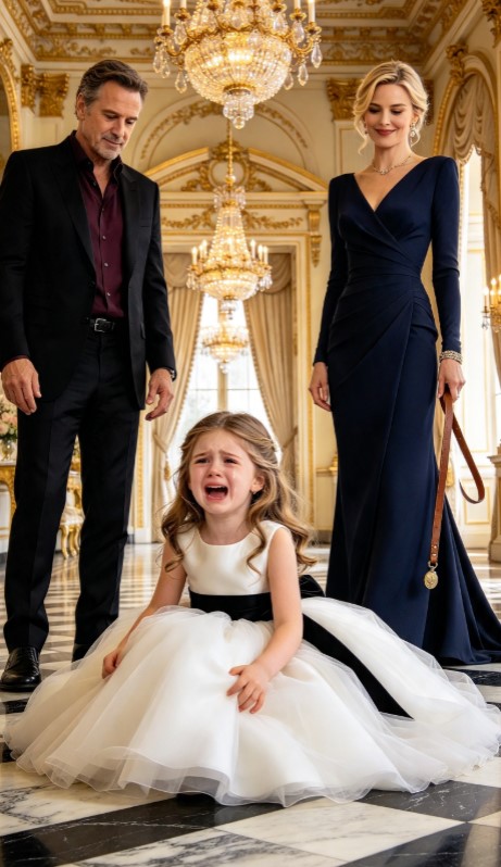 At a Glittering Charity Gala, a Five-Year-Old Girl Cried Beside a Leather Strap—Then Her Grandfather Saw What His Wife Was Hiding Behind the Ballroom Doors