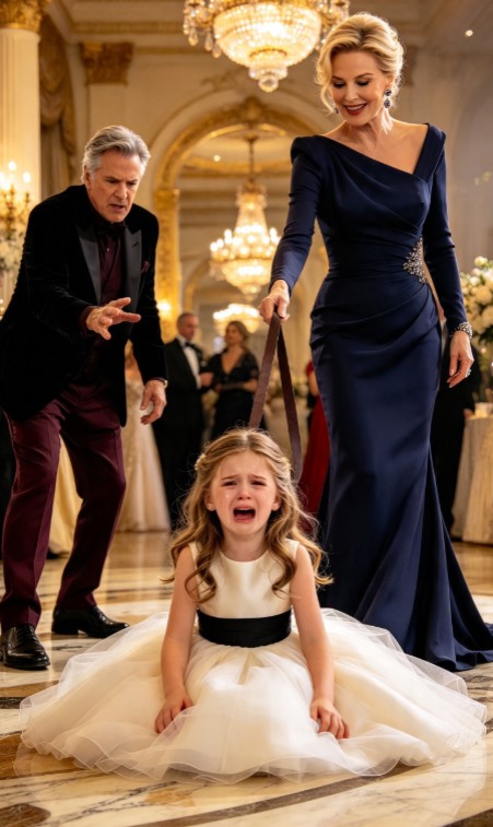 At a Glittering Family Gala, a Five-Year-Old Girl Was Left Crying on the Marble Floor—Then Her Grandfather Saw the Leather Strap in a Woman’s Hand
