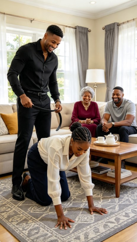 The Man With the Leather Belt Laughed While His Wife Knelt on the Floor—Until She Overturned the Table and Exposed What His Family Had Hidden