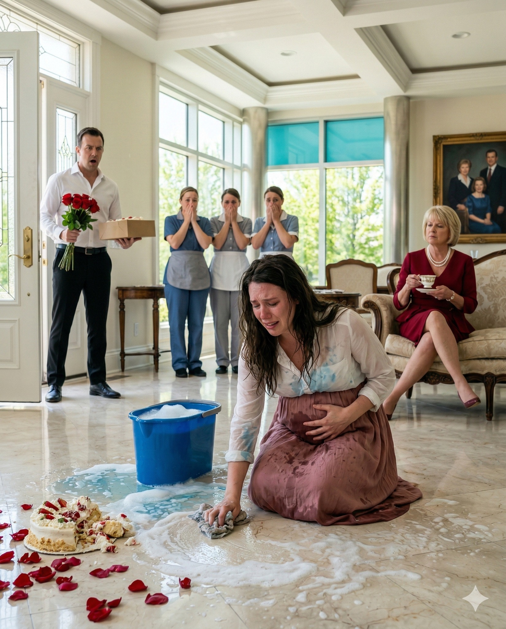 I Came Home Early To Surprise My Pregnant Wife… But When I Walked In, I Saw Her Kneeling On The Floor Scrubbing While The Maids Watched… And The Reason Broke My Heart