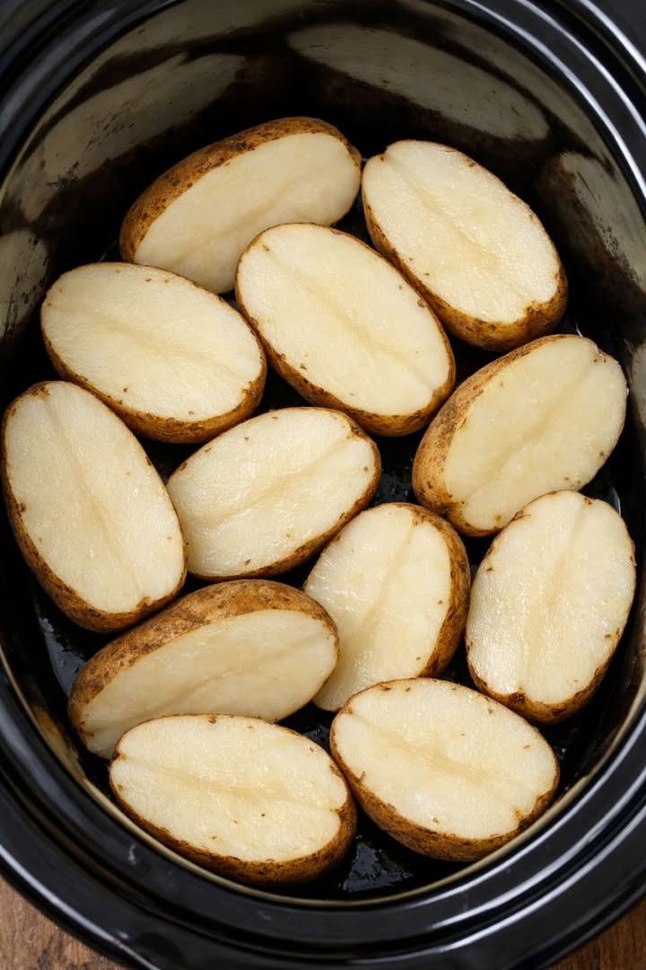 Toss raw skin-on russet potato halves in the crock pot and 4 other simple ingredients to get a meal so incredible your husband will be begging for mor