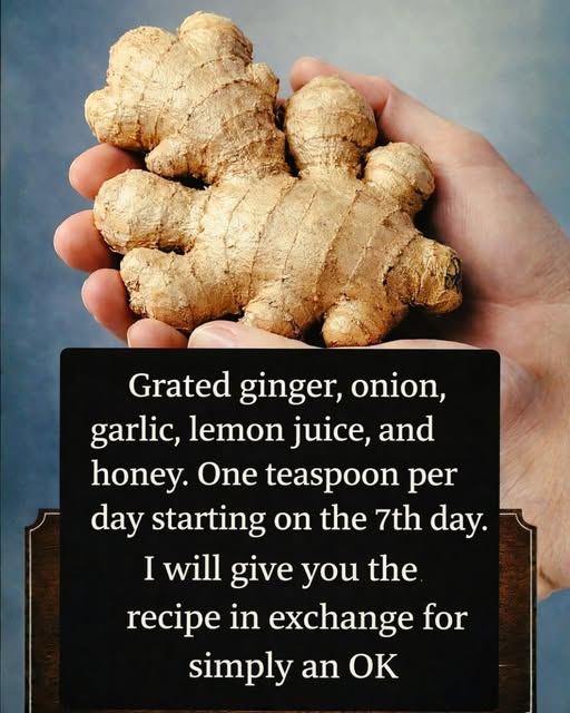 Grated ginger, onion, garlic, lemon juice, and honey. One teaspoon per day starting on day 7
