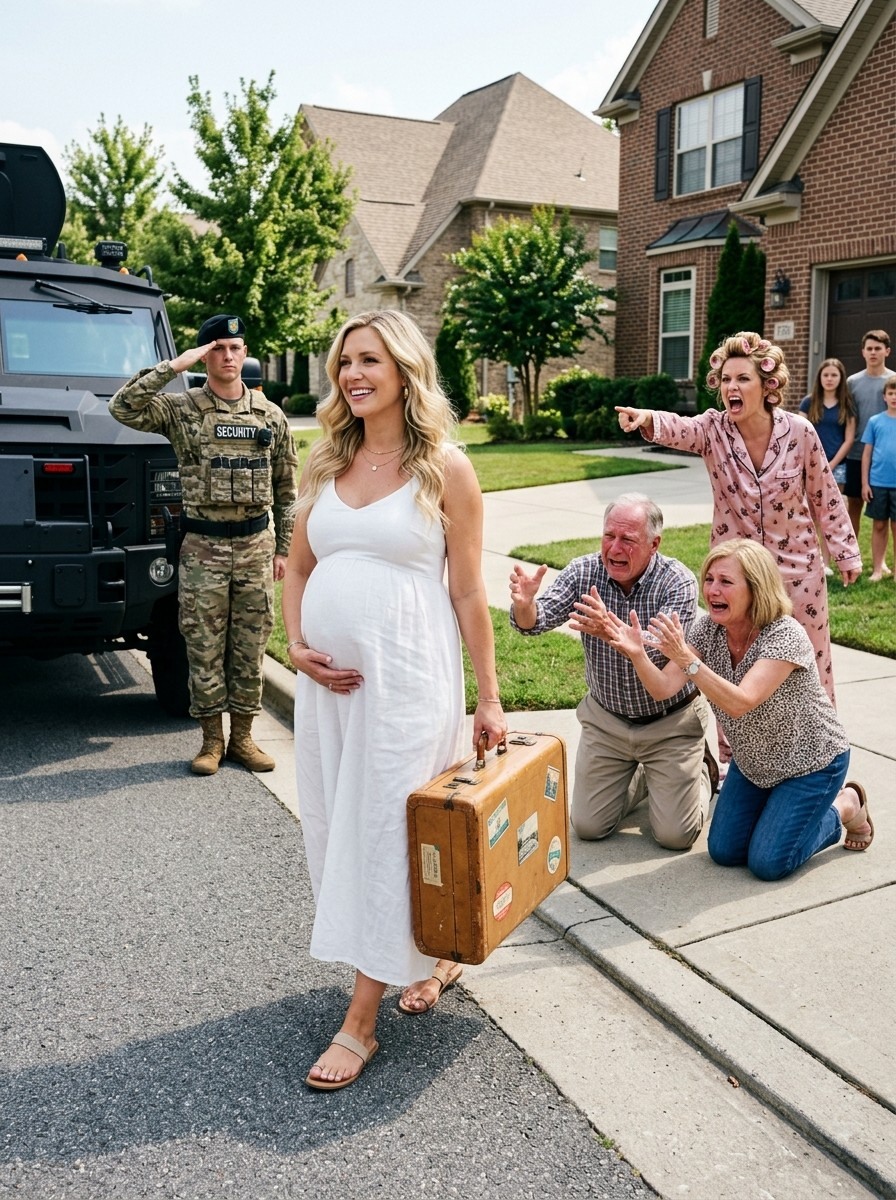 A few hours after my husband’s funeral, my mother looked at my eight-month pregnant stomach and told me my sister’s wealthy husband would be taking my place, so I could sleep in the freezing garage. My father rolled his eyes and said my crying was killing the mood. I just looked at them, smiled once, and said, “Okay.” They thought they were dealing with a broken widow. Then the next morning, armored military vehicles and a Special Forces detail arrived to take me out of that house, and every smug look on their faces disappeared.