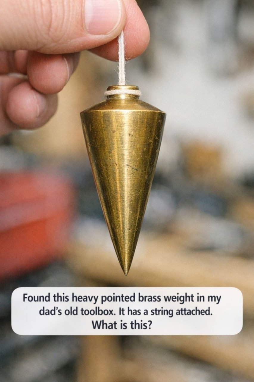 You’ve found a heavy, pointed brass weight with a string attached in your dad’s old toolbox. That tool is called a plumb bob.