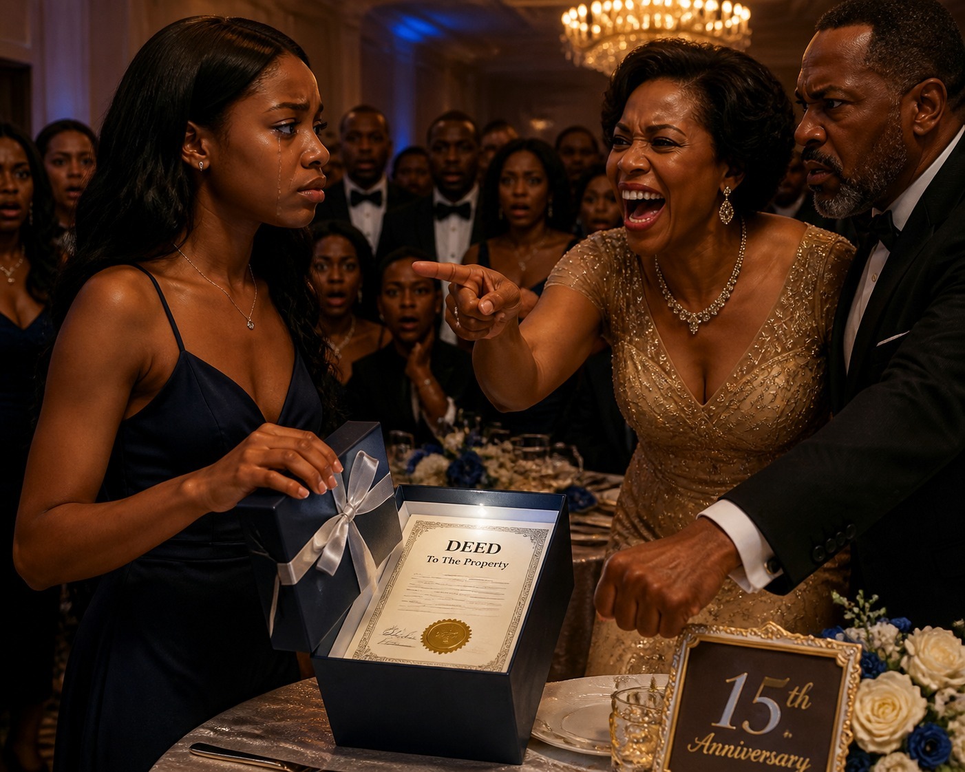 MY MOTHER LAUGHED WHEN I WALKED INTO HER 15TH ANNIVERSARY PARTY WITH A SMALL NAVY GIFT BOX, CALLED ME A FREELOADER IN FRONT OF FIFTY GUESTS, AND LET MY STEPFATHER SHOVE THE PRESENT BACK INTO MY CHEST LIKE I WAS STILL THE GIRL THEY THREW AWAY YEARS AGO—BUT THE SECOND I SET THAT BOX ON THE TABLE