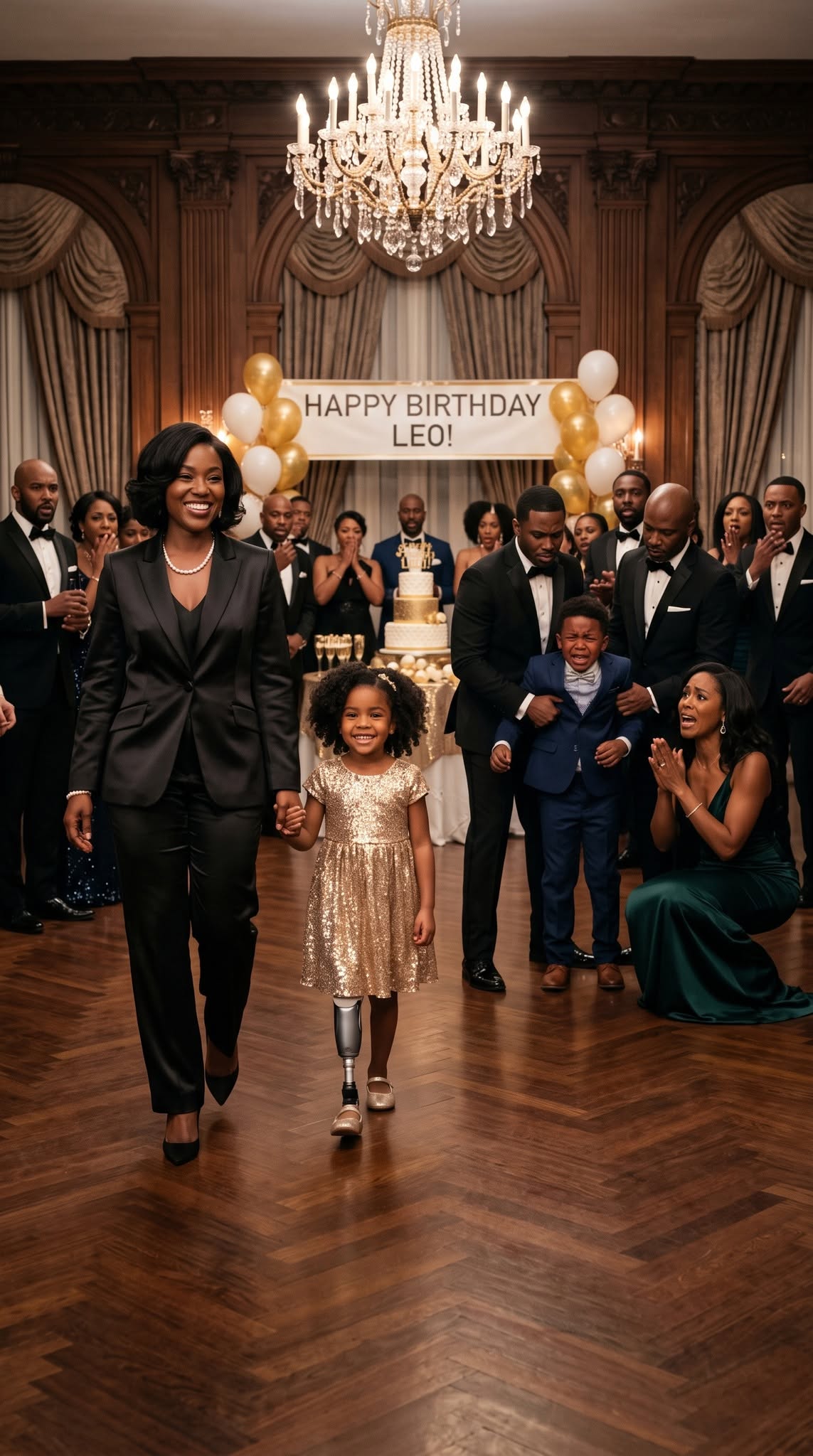 I returned from my overseas law firm to find my daughter sitting in a corner at her own birthday party, her leg in a hidden cast and tears in her eyes. My sister whispered, “She fell, don’t ruin the party mood.” Then I saw my sister’s son wearing my daughter’s expensive jewelry, bragging about “pushing the loser down the basement stairs.” I didn’t make a scene. I just walked to the DJ’s mic and announced…. My sister’s smile didn’t just fade—it vanished.