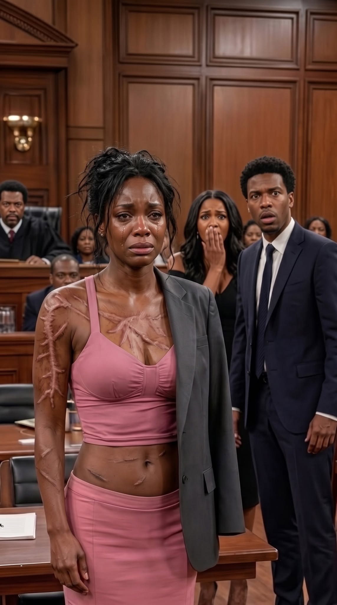 At our divorce hearing, my husband presented fake psych reports to steal my assets. “You’ll be starving on the street,” he laughed, holding his mistress’s hand. He thought I was just a broken, silent victim. I didn’t argue or cry. I calmly unbuttoned my silk blouse. When they saw what covering my chest and arms, the judge gasped. The entire courtroom went dead silent. “Your Honor,” I whispered, staring dead at my pale husband. “This is no longer a divorce hearing. This is the trial for every dark secret you believed would remain buried forever.” My husband’s smile turned into pure terror.