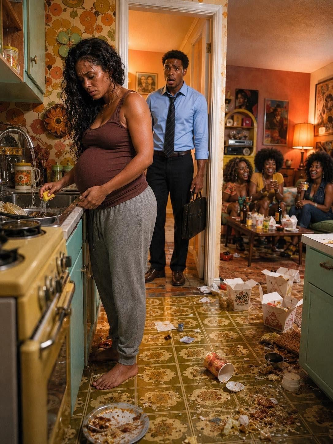 He came home at 10 P.M. and found his 8-MONTH PREGNANT WIFE WASHING DISHES ALONE while his family laughed in the living room … but after