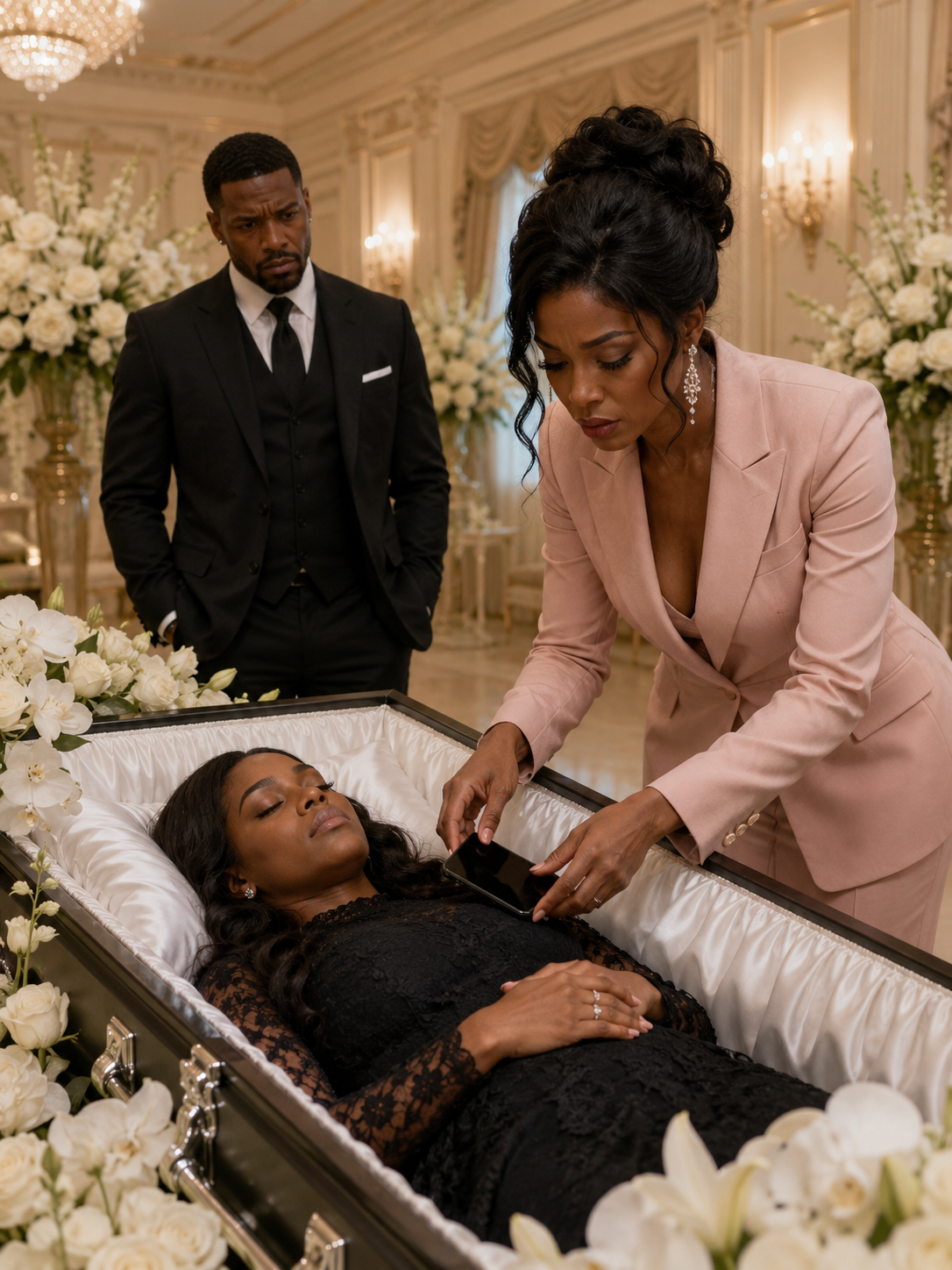 My husband stood beside my closed coffin, pretending to grieve, until the room emptied. Then he handed my phone to his mistress and whispered, “You know where to hide it.”..