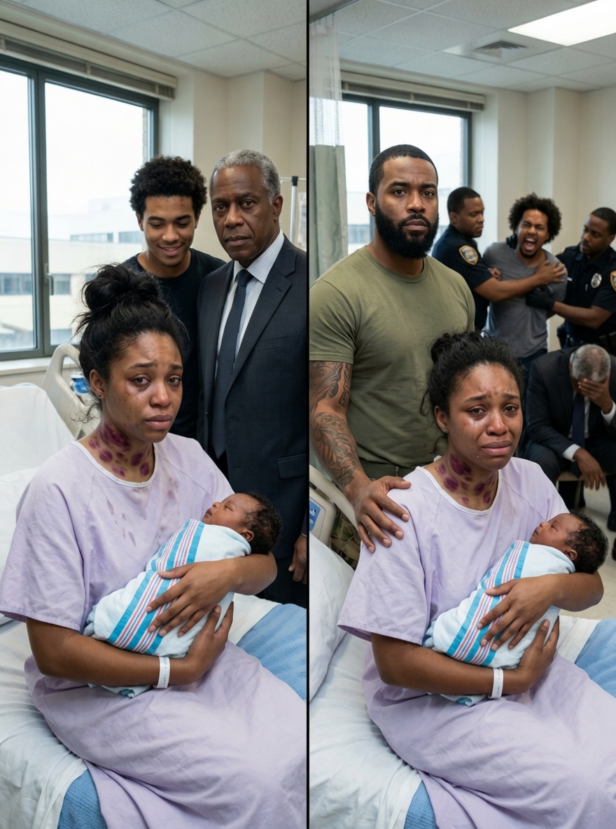 I held my newborn as my uncle entered and saw the marks on my neck. My husband smirked, “Just showing her who’s boss.” Then my uncle removed his hearing aids—and my father-in-law recognized his old military tattoo, turning pale with fear.