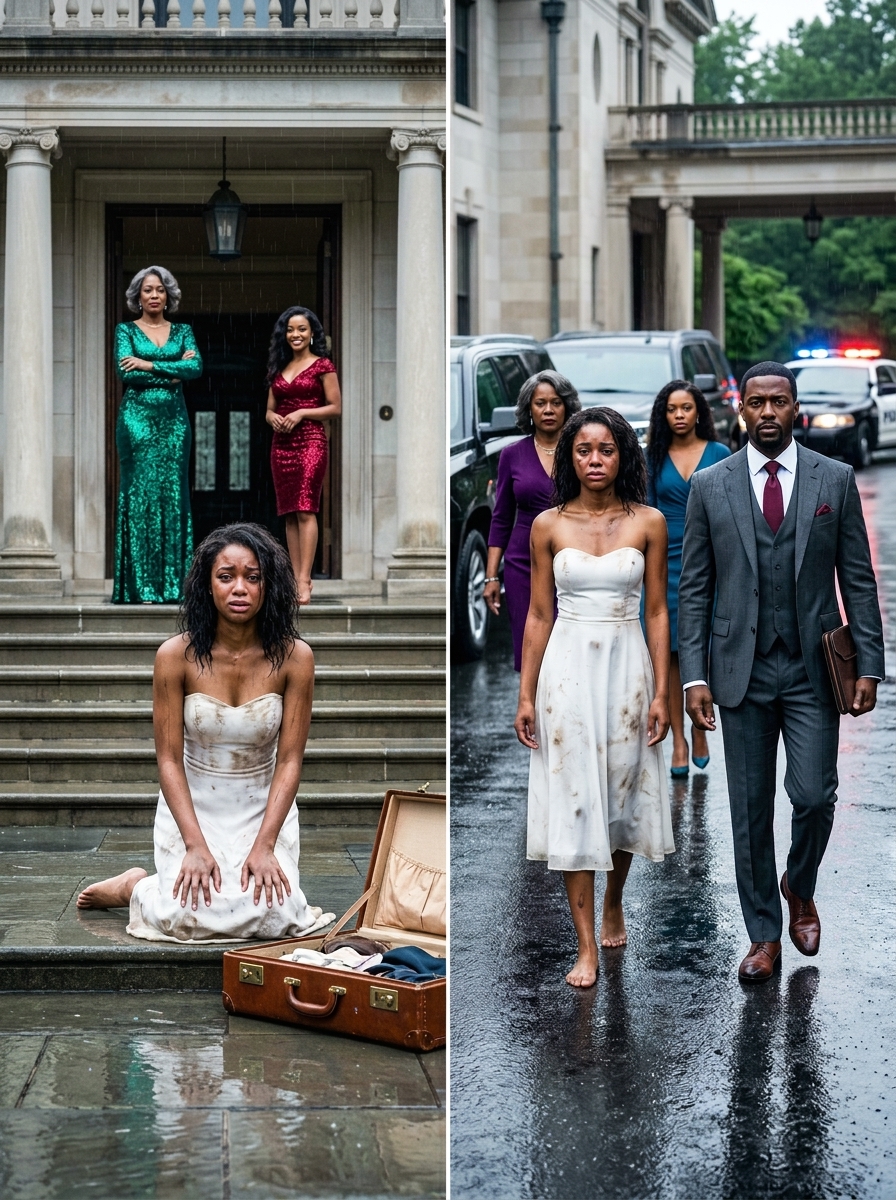 My mother pushed me into the freezing rain, and my sister threw my suitcase after me, sneering that I’d lost Dad’s estate by marrying a poor mechanic. But when three black SUVs arrived and my husband stepped out in a tailored suit, their confidence disappeared instantly.