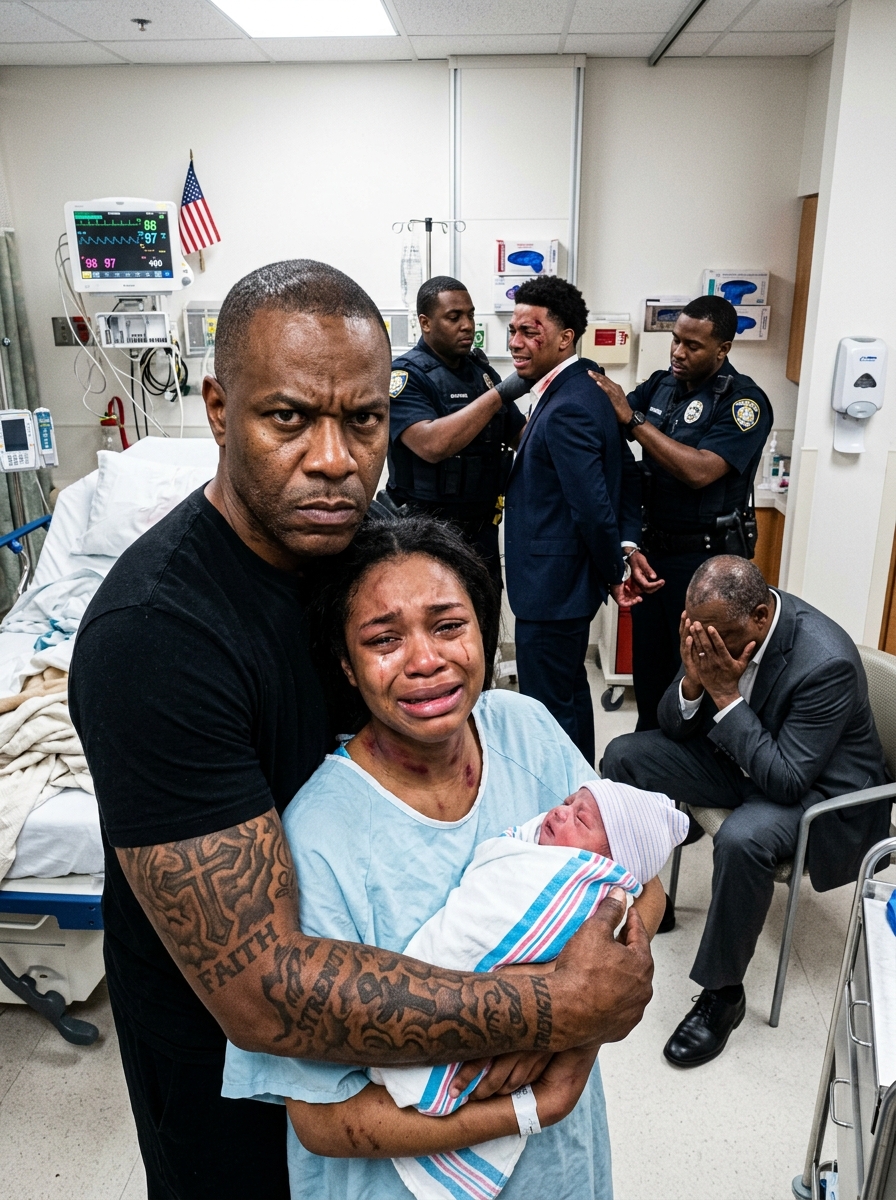 I was holding my newborn when my uncle walked into the hospital room and saw the dark handprints on my neck. My husband smirked and shrugged. “She started acting like a queen just because she had a baby. I was reminding her who’s in charge.” He thought the man standing across from him was just a harmless, deaf relative. My uncle quietly locked the hospital door, removed his hearing aids, and set them on a tray. “Close your eyes, kiddo,” he said softly. Until my father-in-law stepped forward to interfere, then spotted the faded military tattoo on my uncle’s arm. The color drained from his face.