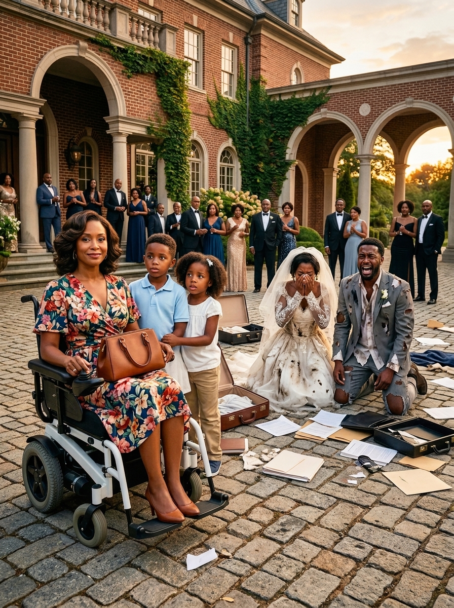 A dramatic, cinematic wide-angle photograph capturing a chaotic family scandal in the grand courtyard of a luxury brick mansion, featuring an all-African American cast. In the foreground, a beautiful African American woman with elegant wavy hair sits smiling calmly in a white motorized wheelchair, wearing a floral patterned wrap dress and holding a brown leather handbag. Standing beside her are two young African American children—a boy in a light blue polo shirt and a small girl in a white dress—looking confused. In the background, a man in a tattered, torn grey suit and a bride in a ruined white wedding dress are both kneeling on the stone pavement, screaming and crying in absolute despair. Scattered around them are open suitcases, briefcases, and legal documents. In the far background, wealthy family guests in formal suits stand near the mansion columns, watching in shock. Photorealistic, 8k resolution, dramatic sunset lighting, high emotional tension, rich textures, premium television drama style.