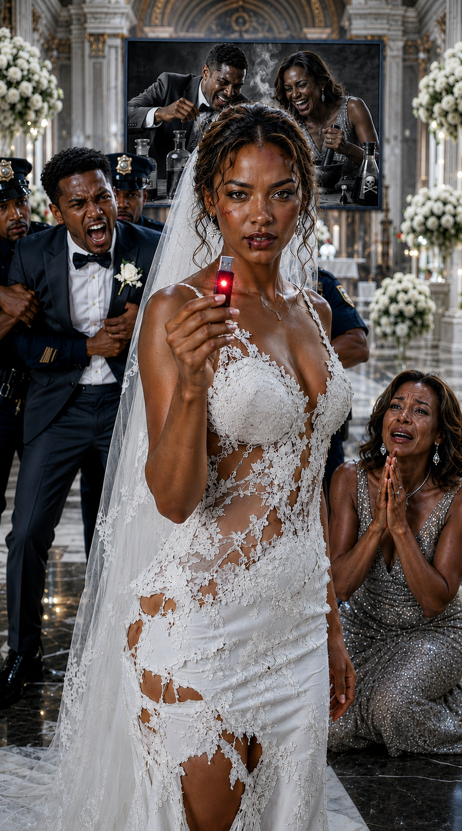 I walked down the aisle with a split lip and a torn veil. My groom smirked at his friends. “She needed a reminder of who’s boss before we sign the papers,” he laughed loudly. The entire congregation, including his mother, chuckled. At the altar, he handed me a gold pen, expecting me to quietly sign away my late father’s $50M company. I didn’t cry. I calmly looked him in the eye, snapped the expensive pen in half, and reached deep into my bridal bouquet. The item I pulled out made his smug face go deathly pale.