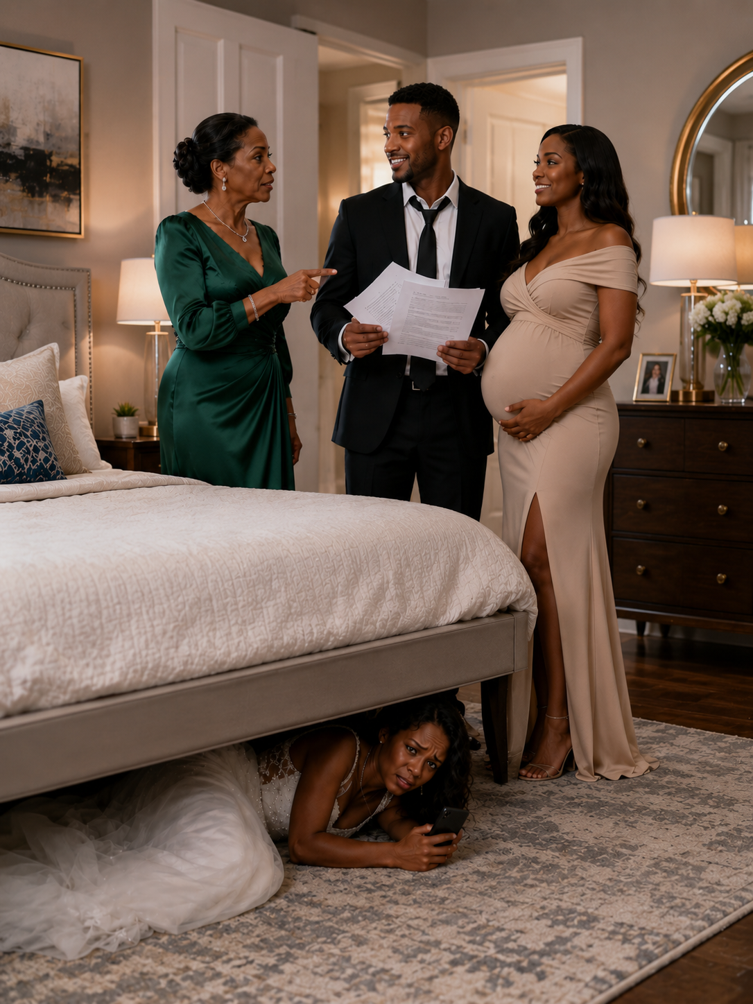The bride hid under the bed as a prank, but she overheard her mother-in-law say, “In a year, we’ll take everything from her.” That night, she realized her marriage was a trap.
