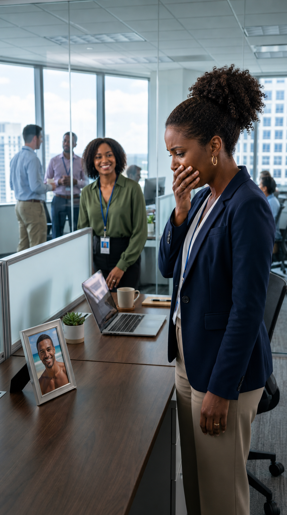 On my very first day at this new job, I spotted a photo of my husband sitting on my coworker’s desk. Holding back the shock, I calmly asked, ‘Who’s that?’ She beamed and replied…