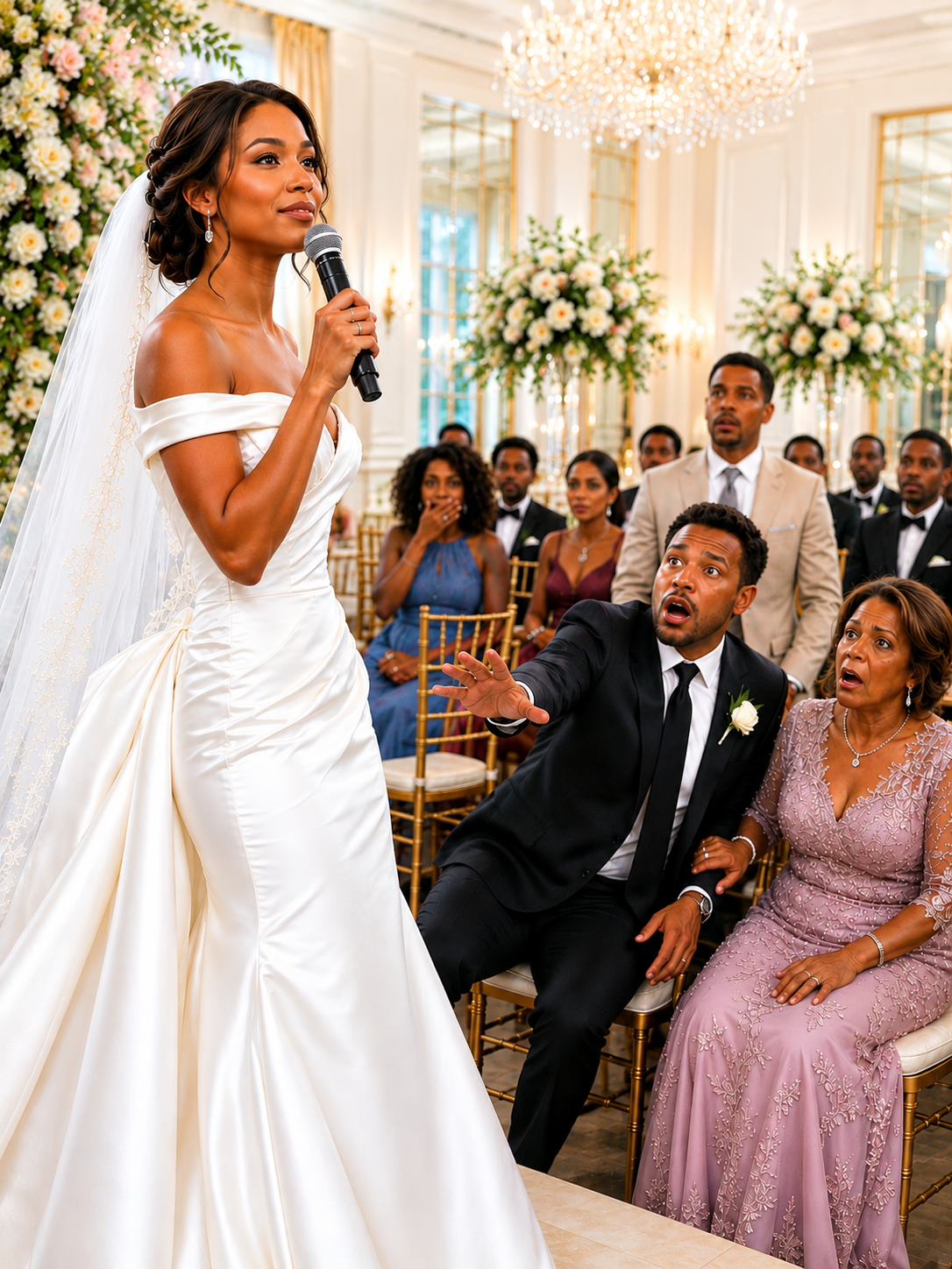 “Fifteen minutes before my wedding, I found my parents hidden behind a marble pillar on two plastic chairs while my fiancé’s wealthy family claimed the entire front row. My mother squeezed my hand and whispered, “Please don’t let this ruin your day.” I smiled, walked calmly to the stage, picked up the microphone, and prepared to reveal a truth nobody in that ballroom saw coming…