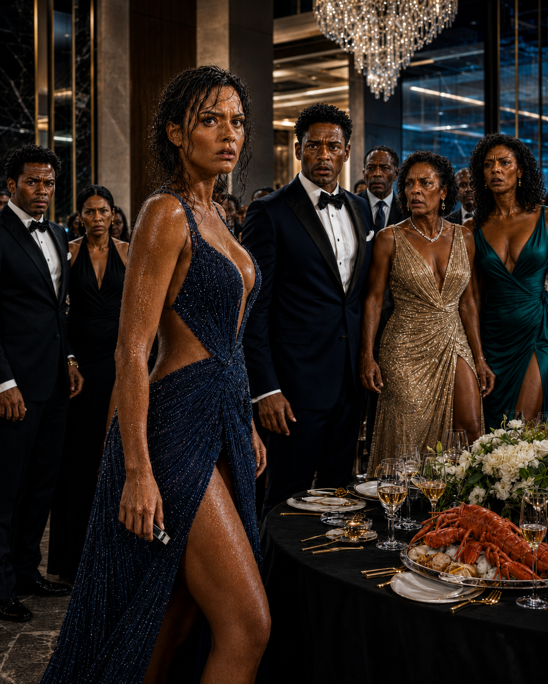 My husband threw a party to celebrate winning a massive project… Just as the lobster was served, a waiter deliberately spilled water on my dress, pulled me outside, and revealed a shocking secret…