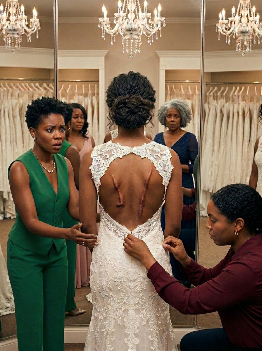 At the bridal shop, I saw fresh dark marks across my sister’s back. She whispered, “If I cancel, his father will ruin us.” I kissed her cheek and said, “Then we won’t cancel.” But by morning, the groom had no idea who was waiting at the aisle.