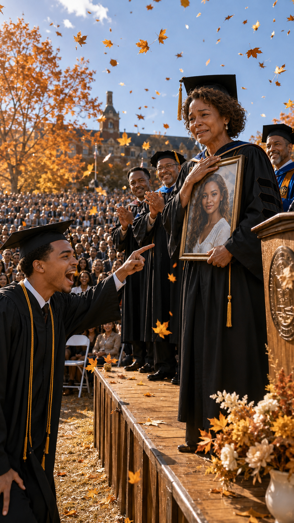 My son banned me from his med school graduation, texting that my scarred hands and limp would embarrass his wealthy in-laws. I had scrubbed floors for 30 years to pay his tuition. I showed up anyway, hiding in the very back row. But the moment the University President announced the ‘Lifetime Hero Award’ and called my name to the stage, I stepped out of the shadows. As I limped past his row, my son’s arrogant expression shattered into absolute terror…