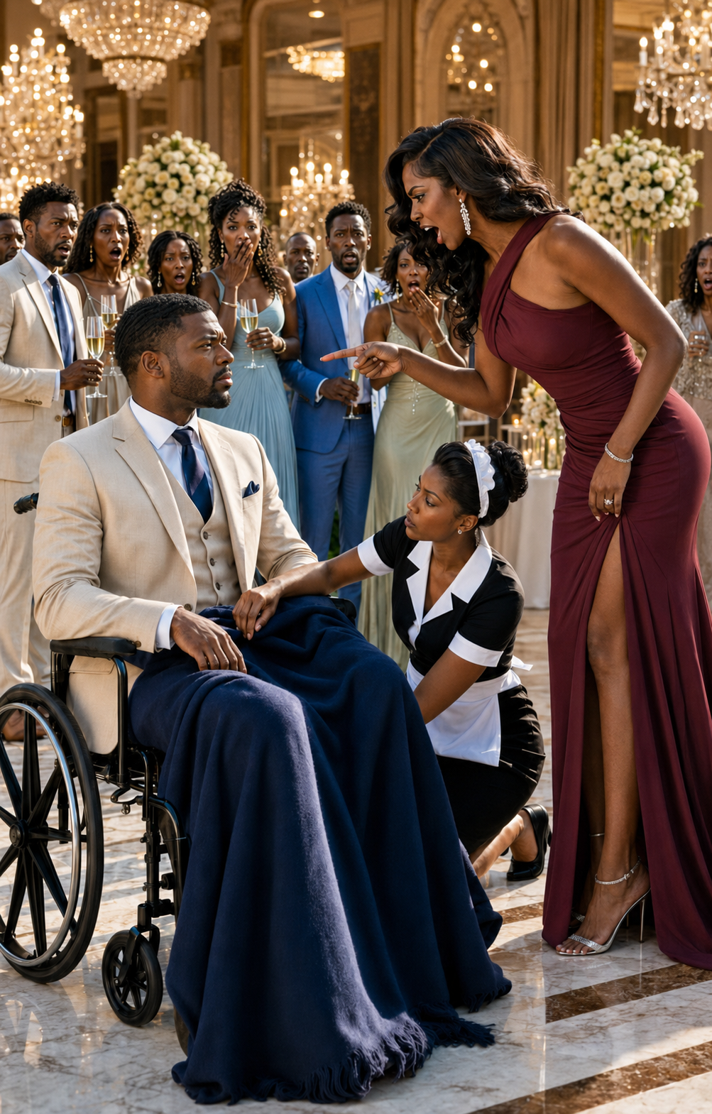 I pretended the accident had broken my bones, so I sat silently in my wheelchair and watched my fiancée laugh mockingly in front of everyone. “Look at you,” she sneered, leaning closer. “Now you’re nothing—just a useless cripple.” No one defended me. Only the maid knelt beside me,