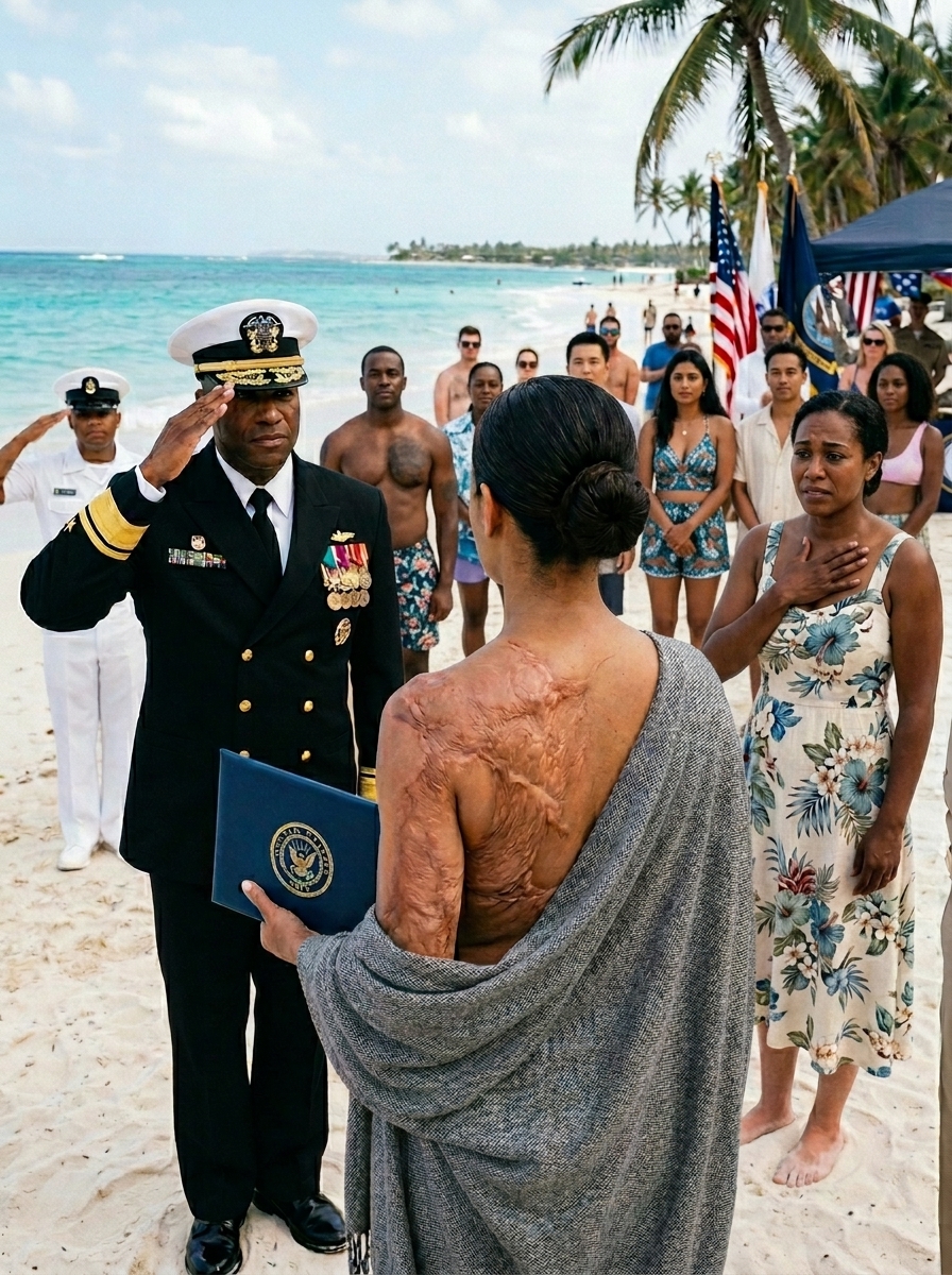 My sister ripped my shirt open on a luxury beach in front of Navy officers and laughed at the scars covering my back. My father stood there in silence while everyone stared at me like I was broken.