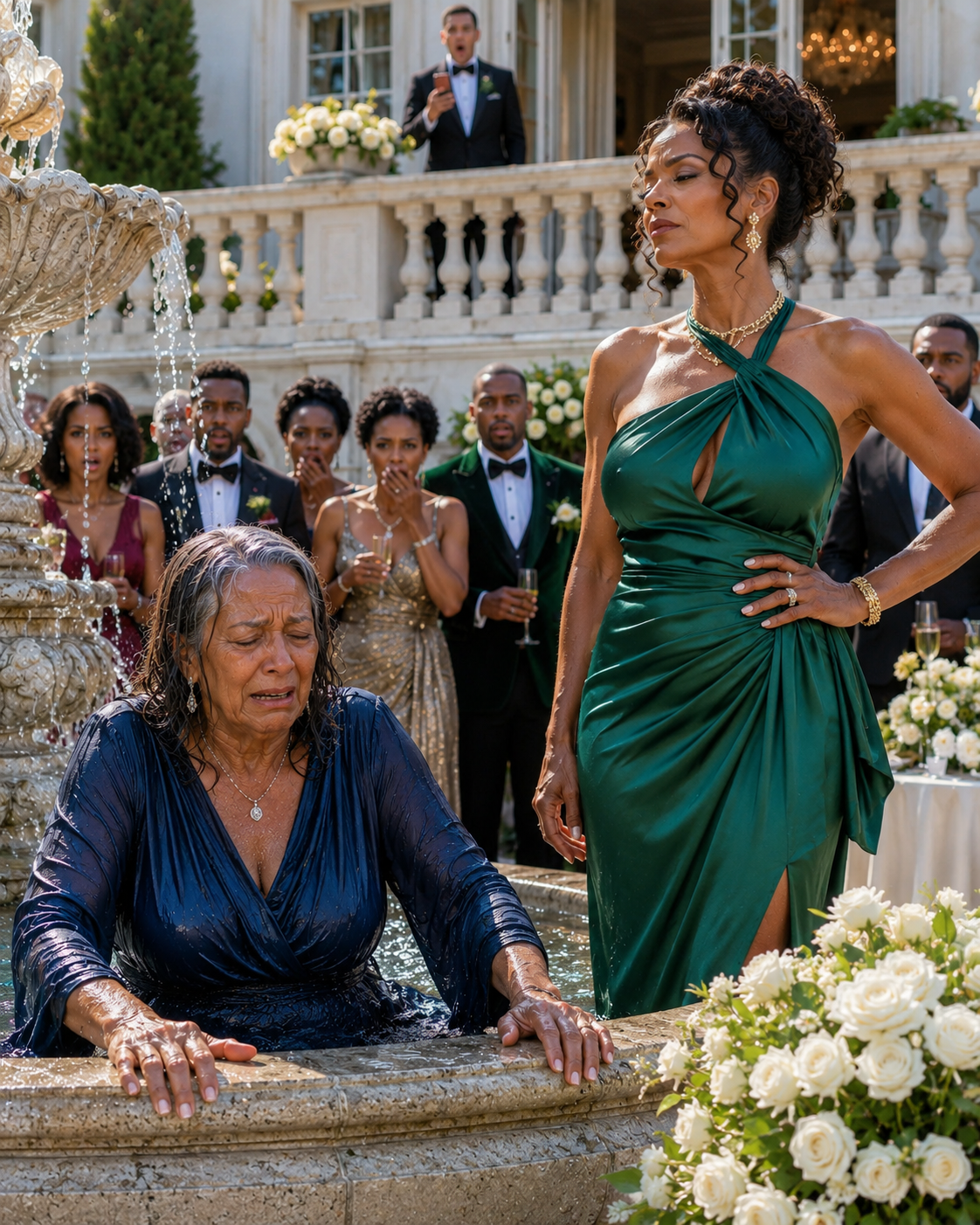 During our lavish engagement party, I watched from the balcony as my fiancée sh0ved my mother into the decorative fountain. “Your cheap clothes are ruining my aesthetic,” she laughed with her wealthy friends.