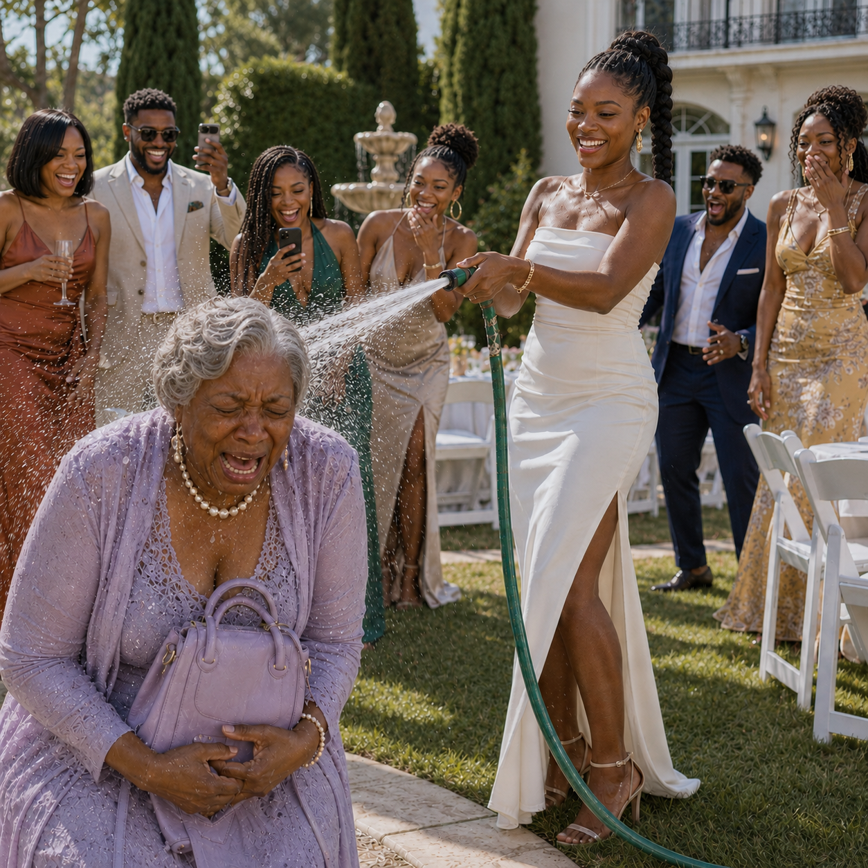 At my son’s engagement party, his fiancée bathed me with a hose in front of 30 guests and mocked me: “Beggers don’t get married here.” I just clutched my shopping bag against my chest, letting my phone keep recording, waiting for her to discover who she really was.