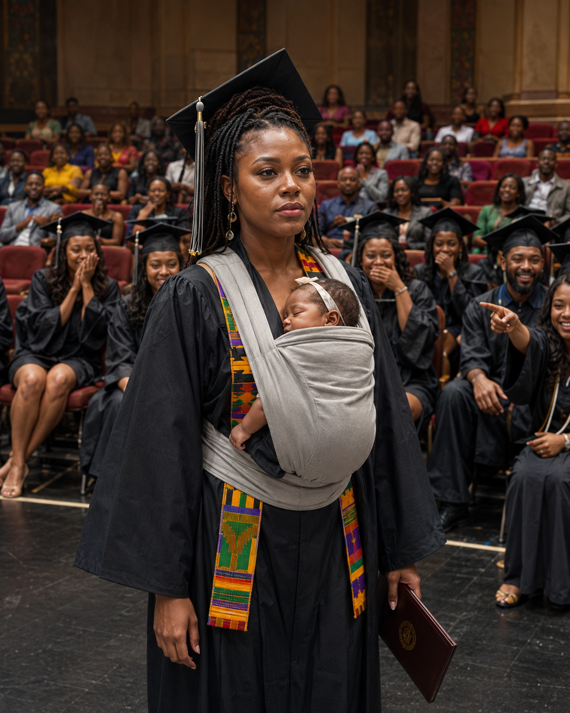 They burst into laughter the instant I stepped onto the graduation platform carrying a newborn in my arms. Someone seated behind me even muttered, “Just like its mother…” But the principal’s next words instantly silenced everyone.