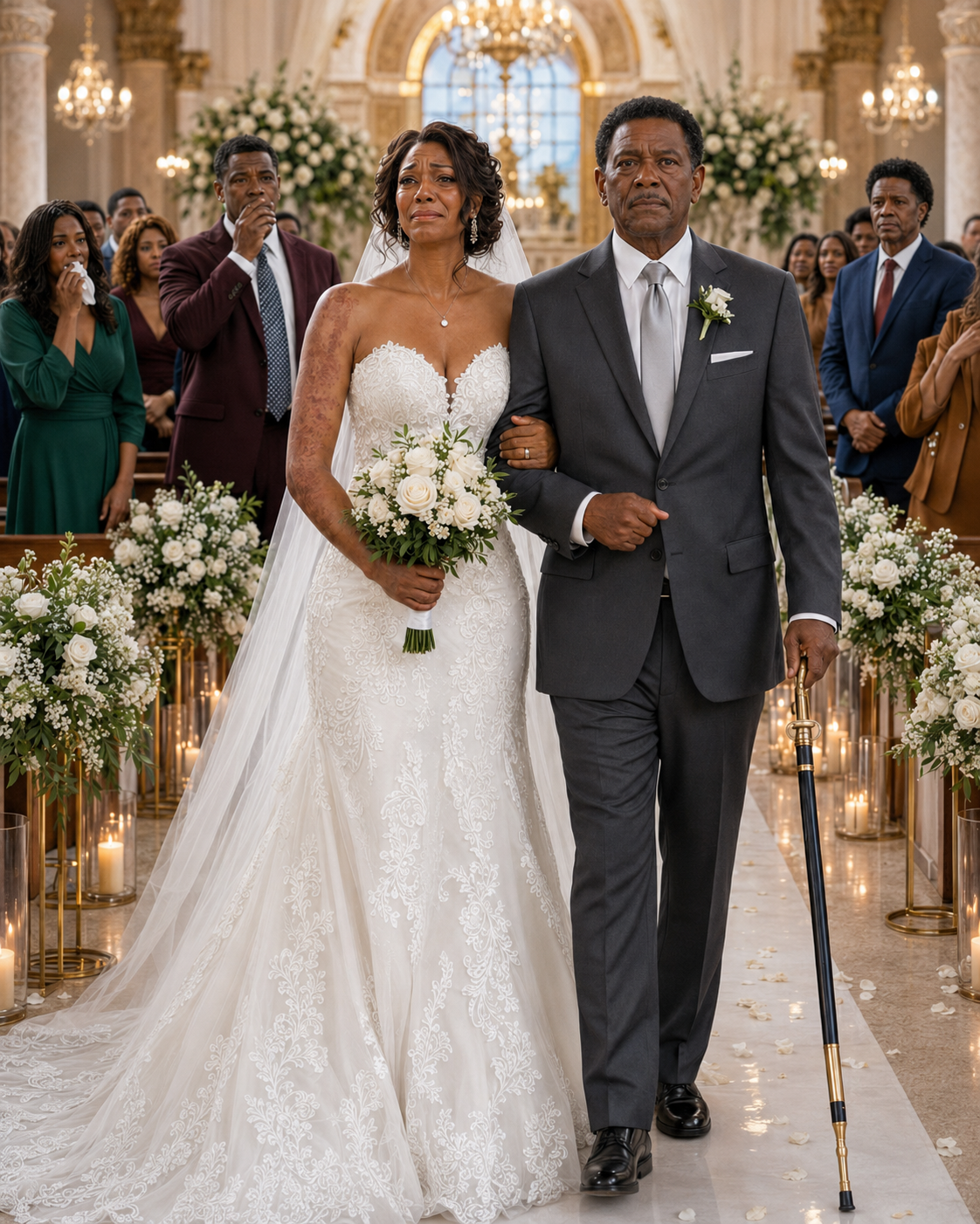 My father saw my scars and refused to walk me down the aisle. As I held back tears, a four-star Navy admiral entered, offered his arm, and said, “I know exactly how you earned them, Lieutenant.”