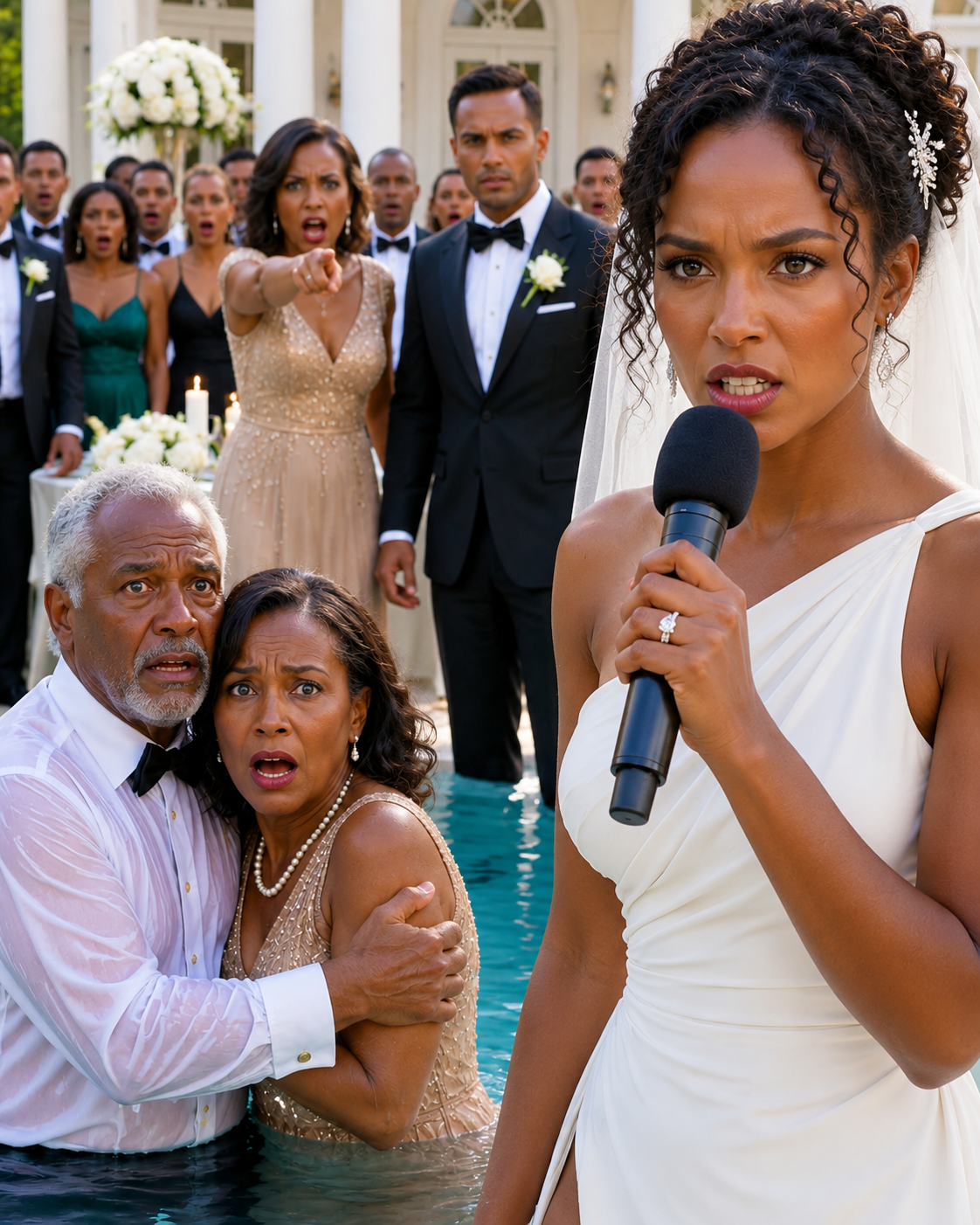 At my wedding, my mother-in-law looked my parents up and down with disgust and scoffed, “I’ve never seen such a miserable, poor family.” Then she pushed them into the pool, laughing, “Time to rinse off that smell of poverty.” My fiancé never lifted a finger. I walked to the microphone and said, “The wedding is canceled—and by tomorrow morning, your family empire will collapse.” Then I placed one phone call.