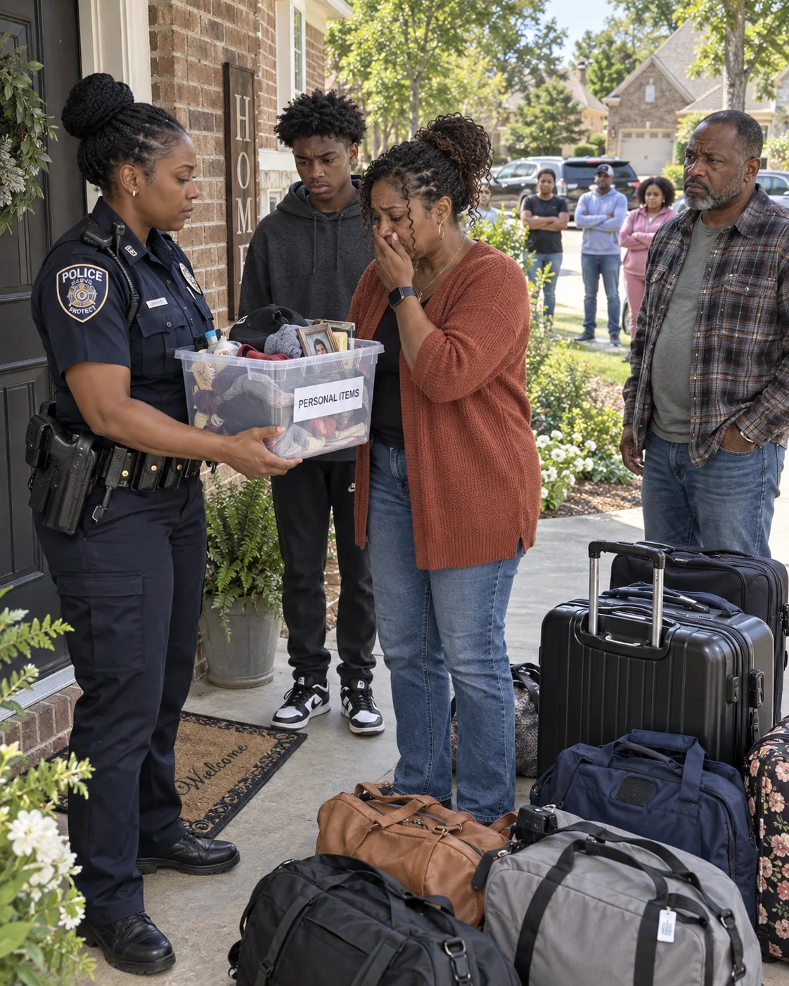 My mother-in-law turned up on my porch with three suitcases and called the police when I wouldn't let her in. Then the officer asked my husband one straightforward question about who owned the house — and the silence that followed was the ugliest thing I have ever stood through.