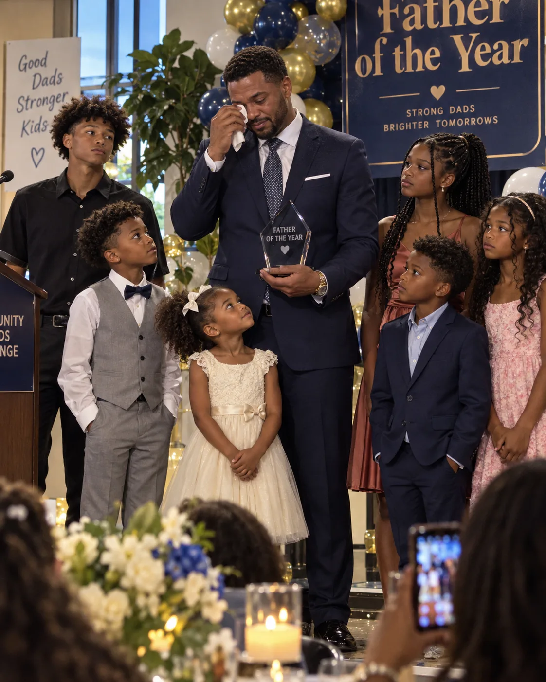 My husband won Parent of the Year for raising our six children while I sat alone at the side of the auditorium. Then our seven-year-old tugged on his sleeve, asked for the microphone, and told him there was one little detail.