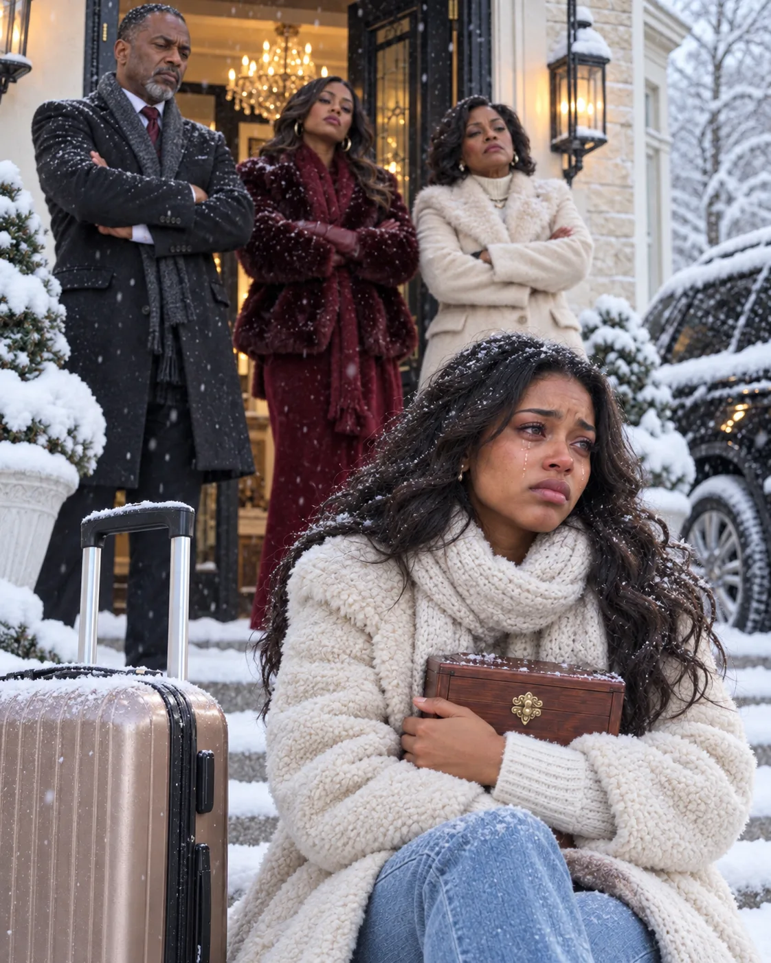 My parents put me out in the snow on Christmas morning in front of twenty-five relatives, and my sister took the dish out of my hands and told me to go back where I belonged. An hour later I walked into the bank with my grandfather's mahogany box, and the manager pulled the blinds and locked his office door.