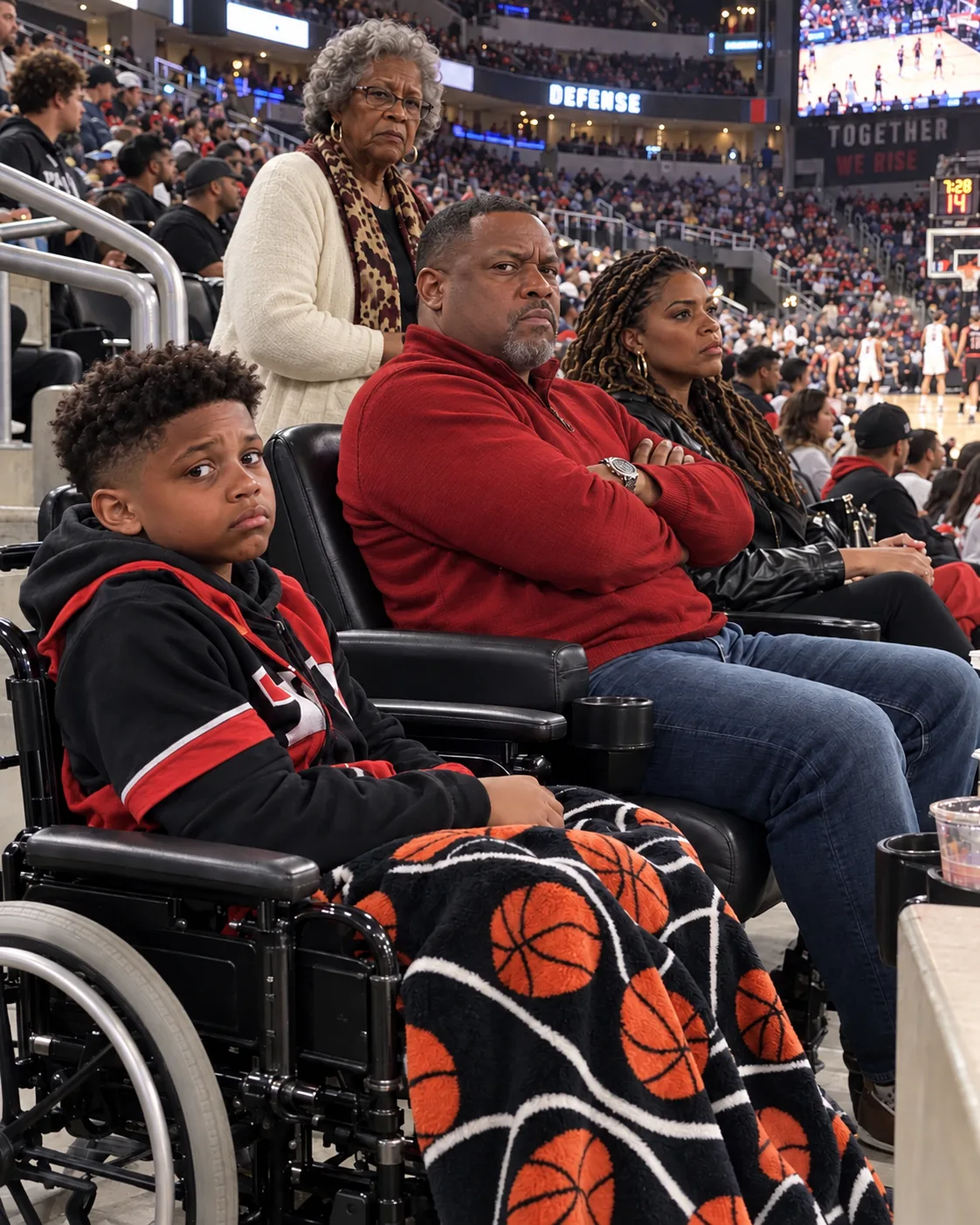 A man took the accessible seats I had spent almost everything I had on, told me my son could watch from the concourse and that he probably didn't know the rules anyway. Then a small woman in a grey cardigan in the row behind us stood up with an old metal lunchbox in her hands.