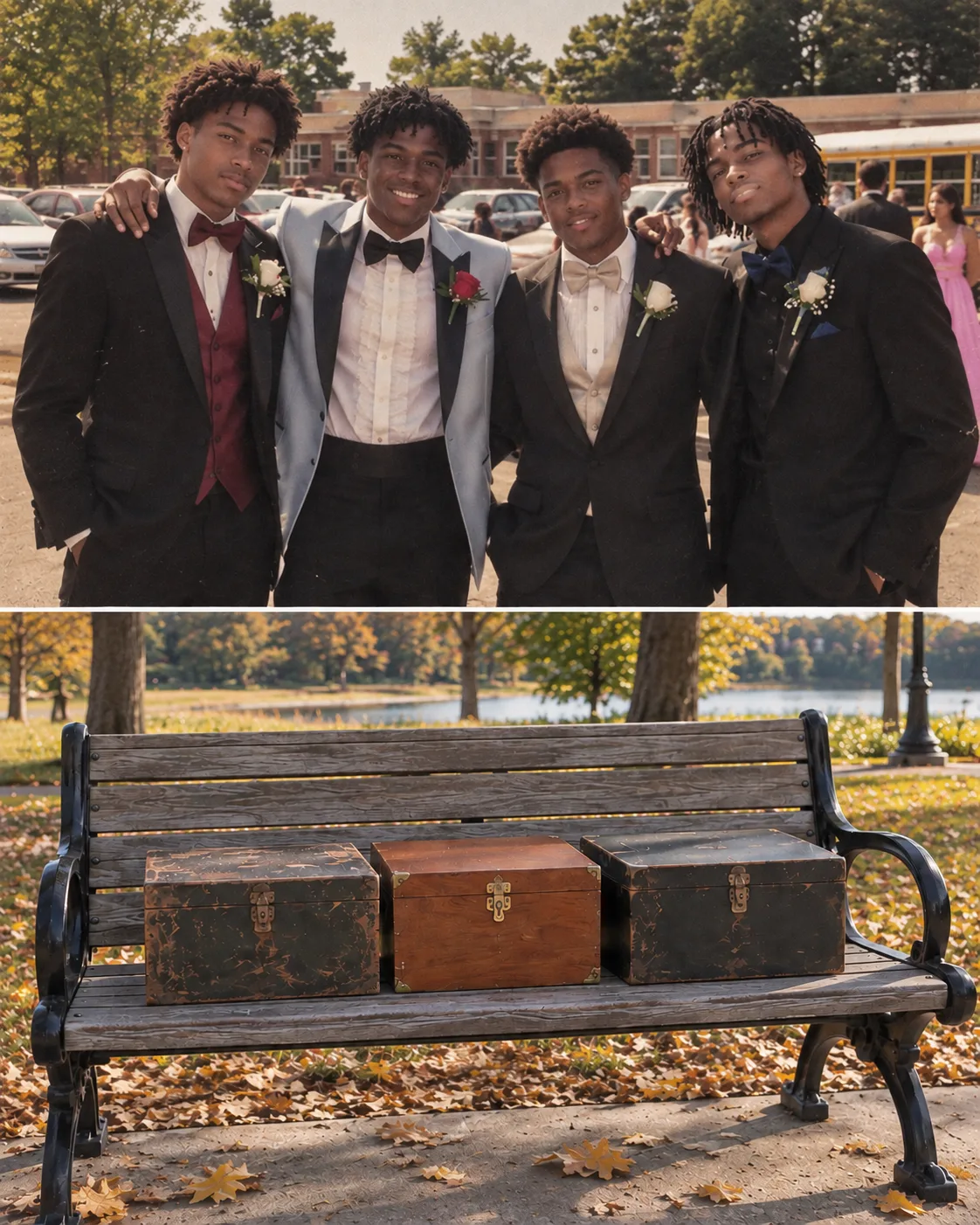 Fifty-five years ago four of us promised to meet back at the same bench by the same lake. Yesterday I drove out there expecting nobody. There was no one on that bench — there were three boxes on it, and a phone taped to the arm rail, ringing.