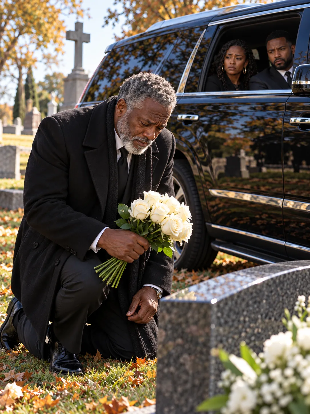 My daughter and her husband left me at my wife's grave a hundred and ninety miles from home. I was still holding the roses when the second message came through.