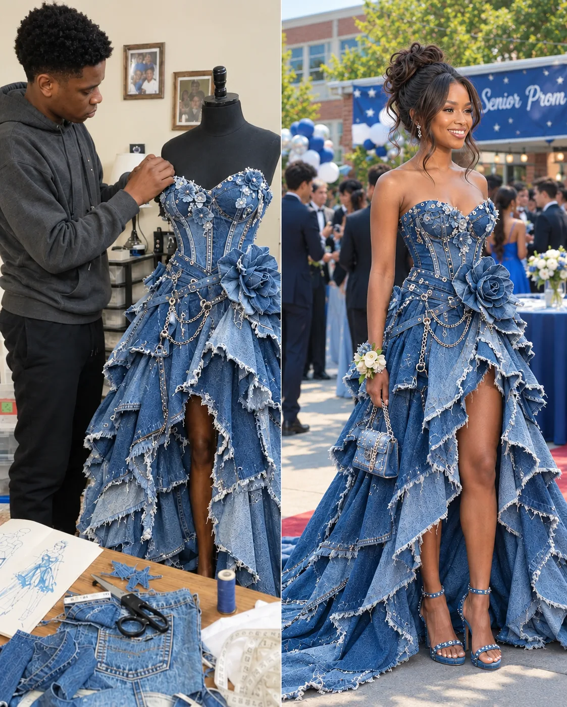 My stepmother laughed at the prom dress my fifteen-year-old brother made out of our mum's old jeans. Halfway through the night the music stopped and the headteacher walked across that hall toward her.