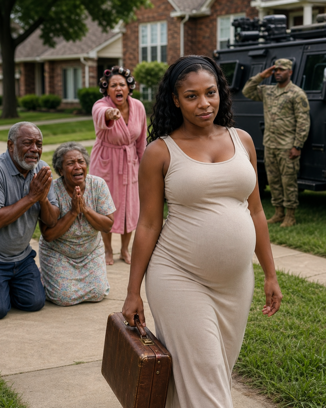 Hours after my husband’s funeral, Mom pointed at my 8-month pregnant belly. “Your sister’s rich husband is moving in. Go sleep in the 10-degree garage,” she spat. My Dad sneered: “Your crying ruins our vibe.” I smiled coldly and whispered, “Okay.” They thought I was a helpless widow. But the next morning—when armored military SUVs and Special Forces squad arrived to escort me away—my family went completely pale…