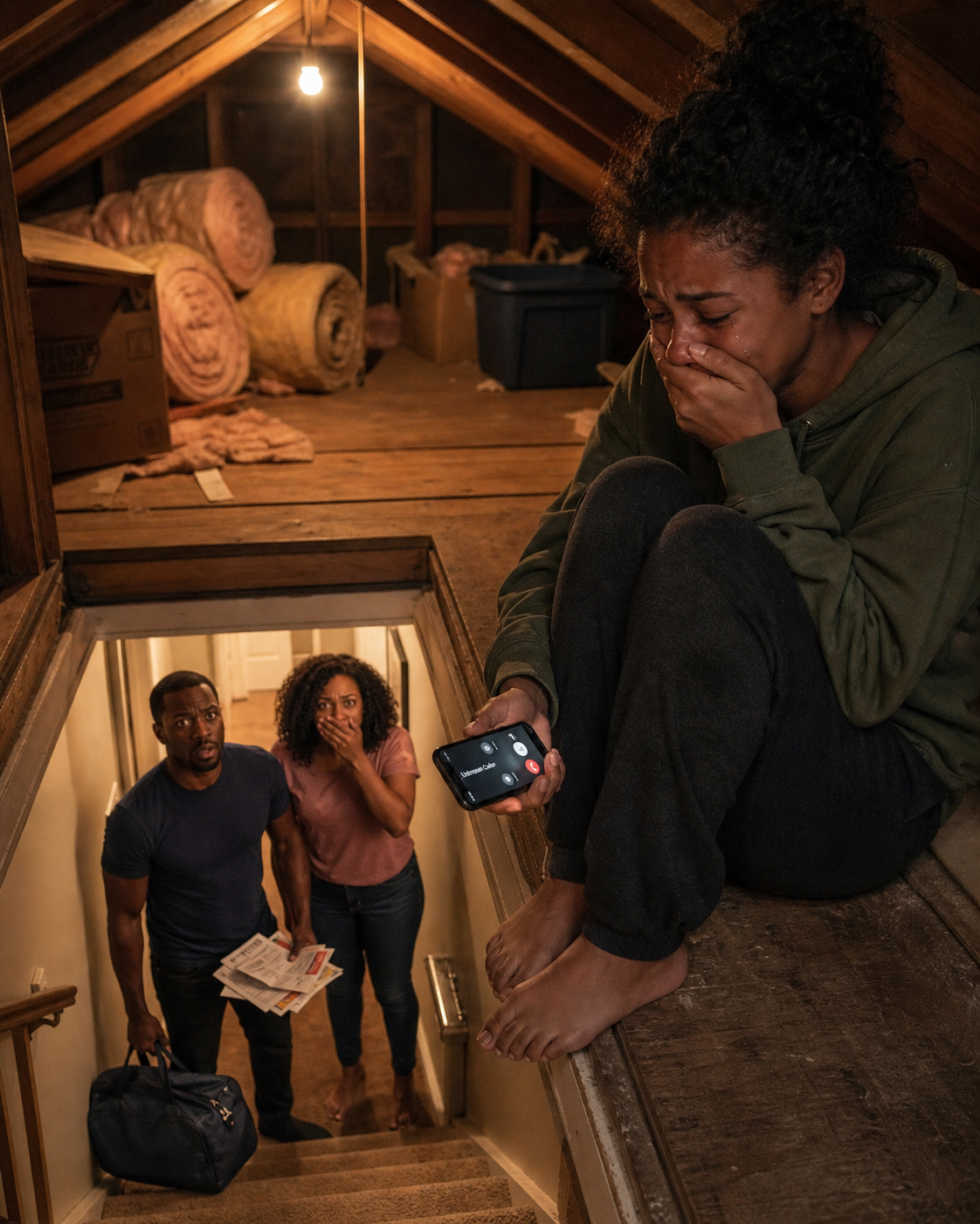 My sister called me at midnight and whispered, “Turn off every light. Go to the attic. Don’t tell your husband.” I thought she was losing her mind — until I looked through the floorboards….