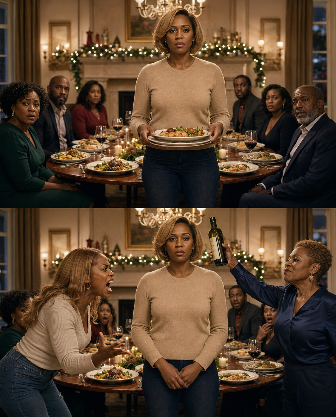 I arrived late to Christmas dinner and froze when I saw my sister serving 20 people alone while her in-laws sat there laughing. When her mother-in-law threw a glass of wine over her head, I jumped up. “What did you just do to my sister?”