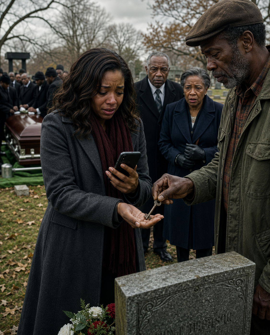 At my mother’s funeral, the gravedigger quietly pulled me aside and said, “Ma’am, your mom paid me to bury an empty coffin.” I told him to stop playing games. Then he slipped a key into my hand, whispered, “Don’t go home. Go to Unit 16 right now,” and my phone lit up with a message from my mother: “Come home alone.”