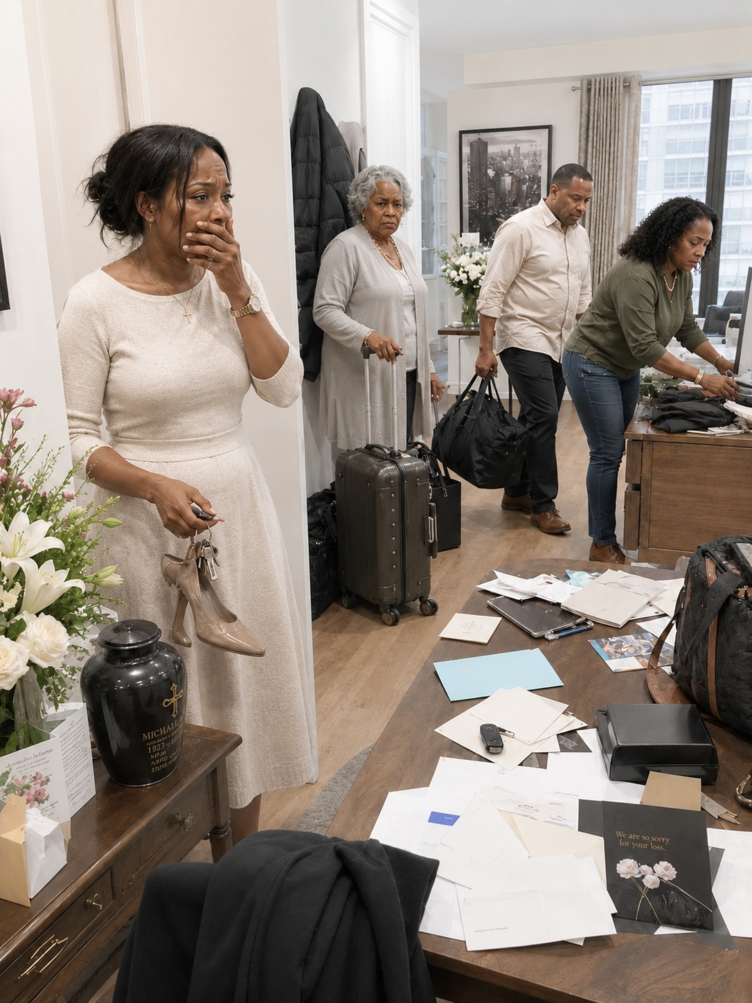 After my husband’s funeral, I returned home with my black dress still clinging to my skin. I opened the door… and found my mother-in-law and eight family members packing suitcases as if it were a hotel.