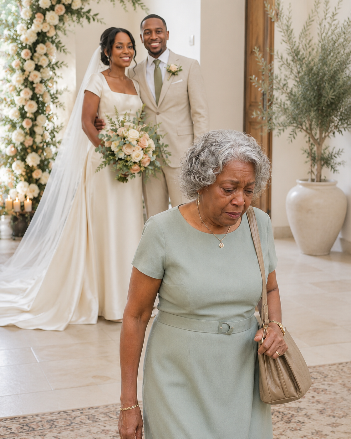 When I arrived at my son’s wedding, he blocked my path at the church door and said: “I didn’t invite you, Mom. The whole family decided you’re no longer a part of us.” I looked at him, gripped my purse, and replied in a low voice: “That’s fine, son… but don’t forget to check your phone.” What no one knew was that, that afternoon, the truth was already on its way.