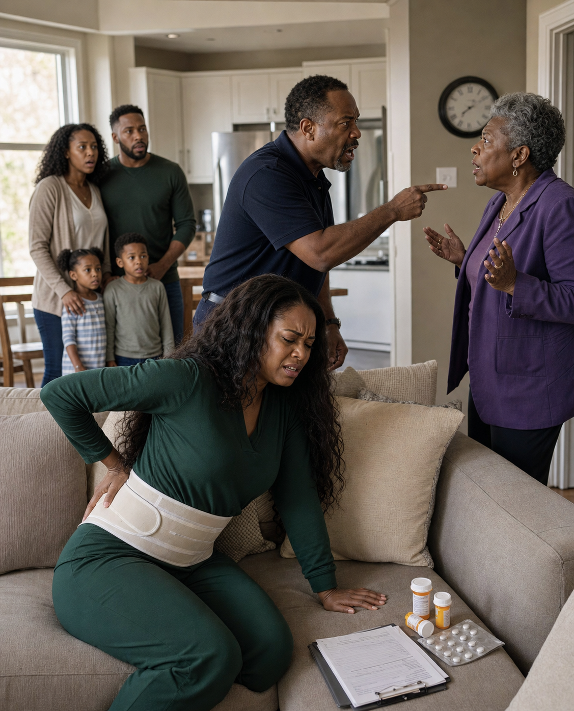 “Take out your stitches and get up to cook!” my husband barked the day after my spine surgery, because his sister’s family had arrived. I could barely move, but he still expected me to serve everyone. Then my mother walked in unexpectedly—and her reaction shocked the entire house…