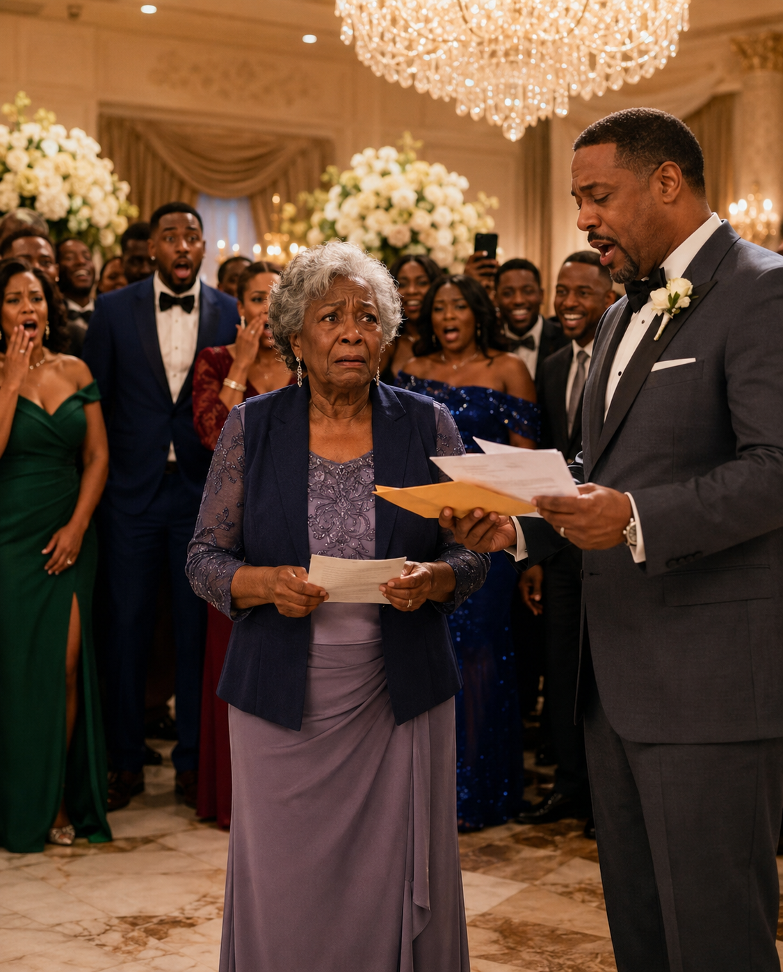 My daughter-in-law ripped off my wife’s wig at my son’s wedding, revealing the traces of months of treatment while some guests laughed. I went on stage, covered my wife with my jacket, and opened the wedding envelope… When she saw the documents inside, her smile suddenly…
