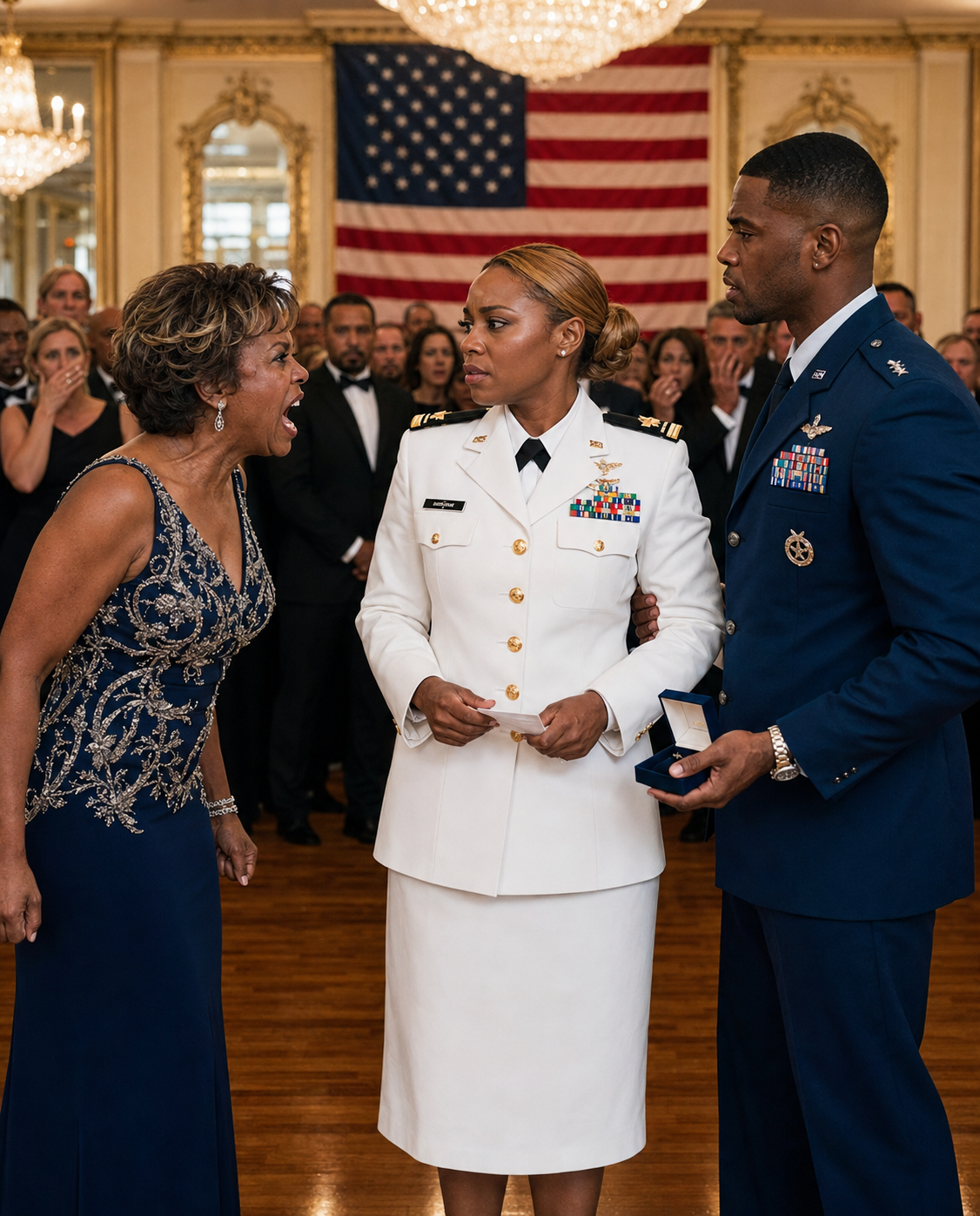 At my husband’s military ball, my mother-in-law grabbed an MP, pointed at me in my dress whites, and screamed, “Arrest her!” like I was some stranger who had stolen a uniform, never imagining that after seven years of treating me like an outsider, one ID scan, one command, and the sudden silence of an entire ballroom would finally force her to see exactly who she had been insulting all along.